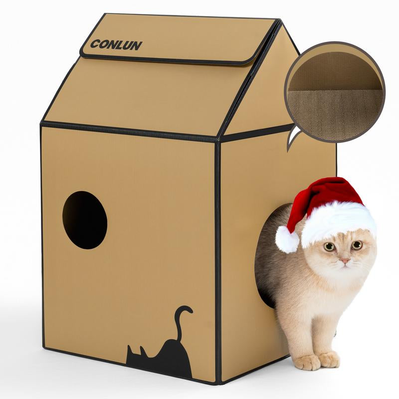 Conlun Cardboard Cat House with Cat Scratch Pad, Catnip, Easy-To-Assemble Cat Scratcher for Indoor Cats & Small Animals #Springtok Pet Supplies Home Natural