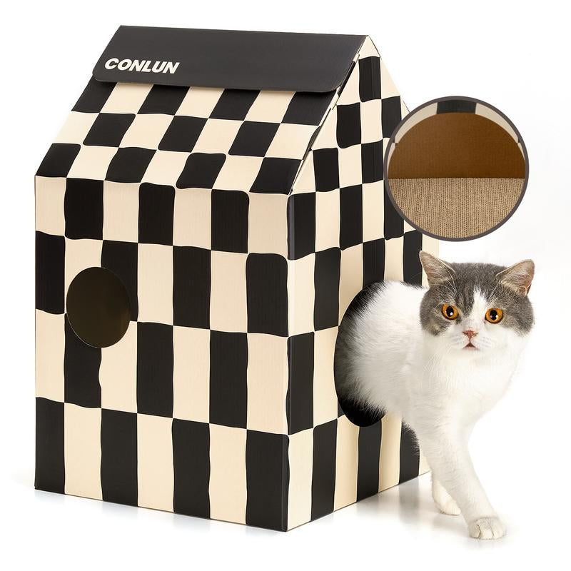 Conlun Cardboard Cat House with Cat Scratch Pad, Catnip, Easy-To-Assemble Cat Scratcher for Indoor Cats & Small Animals #Springtok Pet Supplies Home Natural