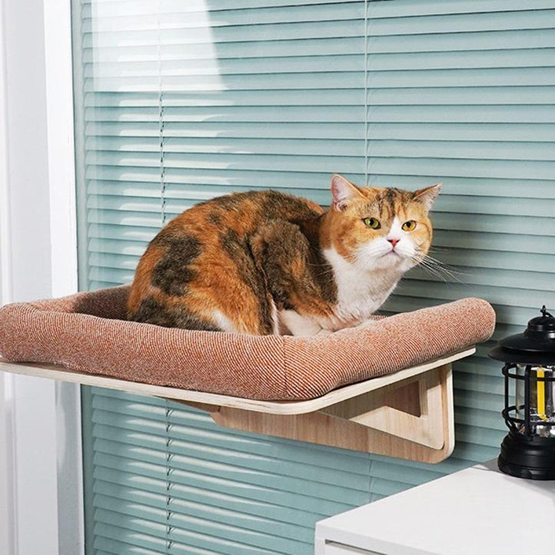 Cat Window Perch with Strong Wood Frame and Embeded Machine Washable Padded Bed for Large Cats and Kittens