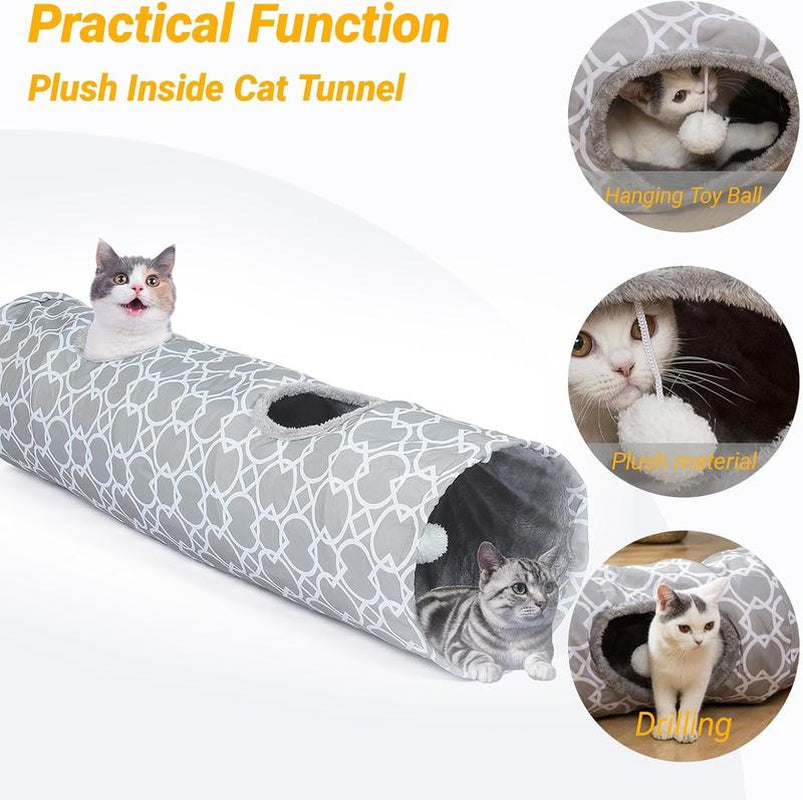 Geometric Straight Cat Tunnel with Plush Inside,Cats Toys Collapsible Tunnel Tube with Balls, for Rabbits, Kittens, Ferrets,Puppy and Dogs,Diameter 11.8 Inch