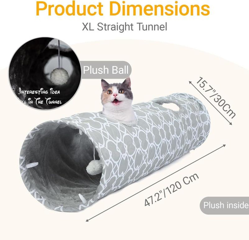 Geometric Straight Cat Tunnel with Plush Inside,Cats Toys Collapsible Tunnel Tube with Balls, for Rabbits, Kittens, Ferrets,Puppy and Dogs,Diameter 11.8 Inch