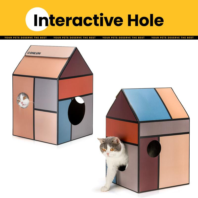Conlun Cardboard Cat House with Cat Scratch Pad, Catnip, Easy-To-Assemble Cat Scratcher for Indoor Cats & Small Animals #Springtok Pet Supplies Home Natural