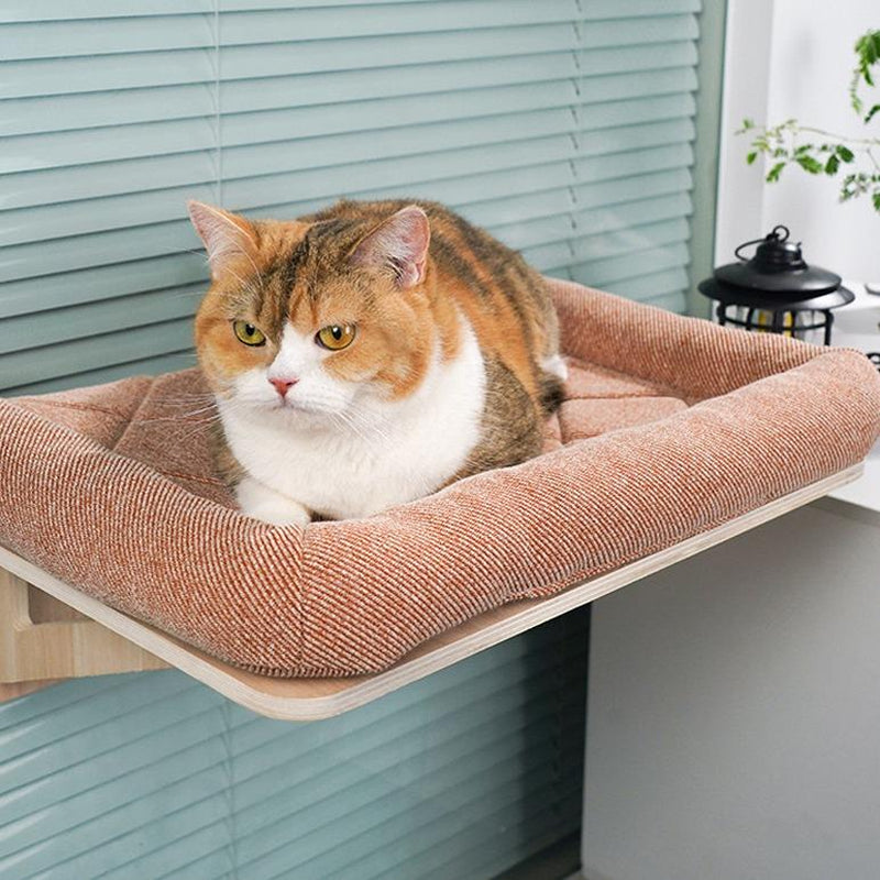 Cat Window Perch with Strong Wood Frame and Embeded Machine Washable Padded Bed for Large Cats and Kittens