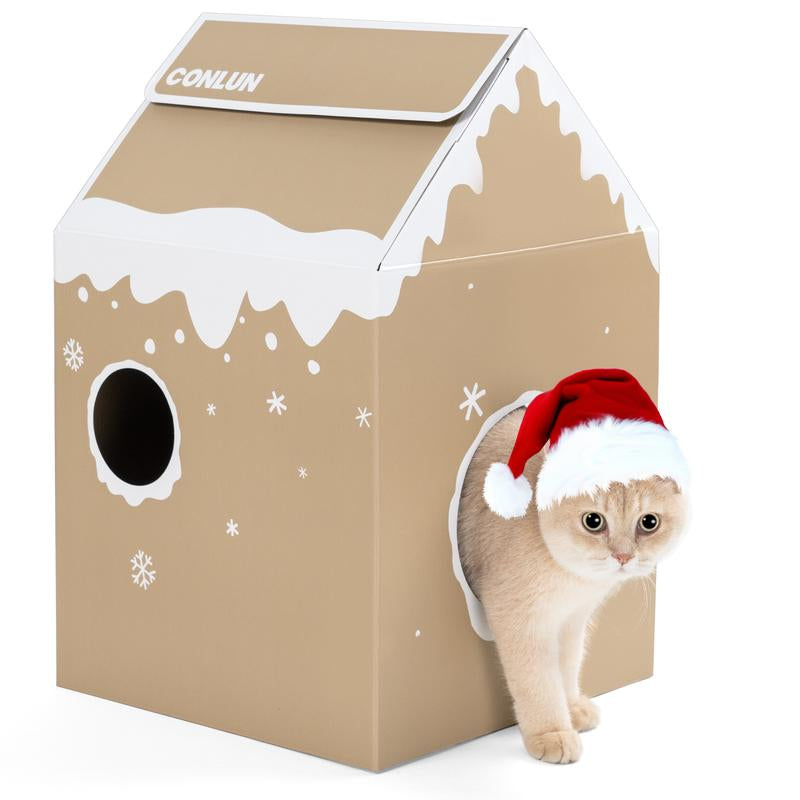 Conlun Cardboard Cat House with Cat Scratch Pad, Catnip, Easy-To-Assemble Cat Scratcher for Indoor Cats & Small Animals #Springtok Pet Supplies Home Natural