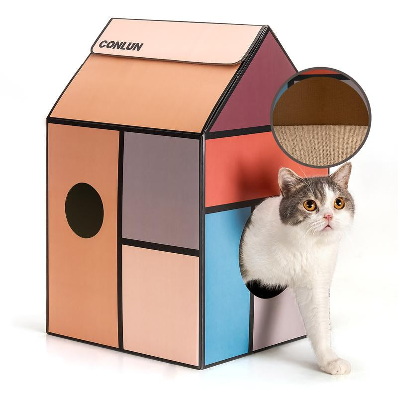 Conlun Cardboard Cat House with Cat Scratch Pad, Catnip, Easy-To-Assemble Cat Scratcher for Indoor Cats & Small Animals #Springtok Pet Supplies Home Natural