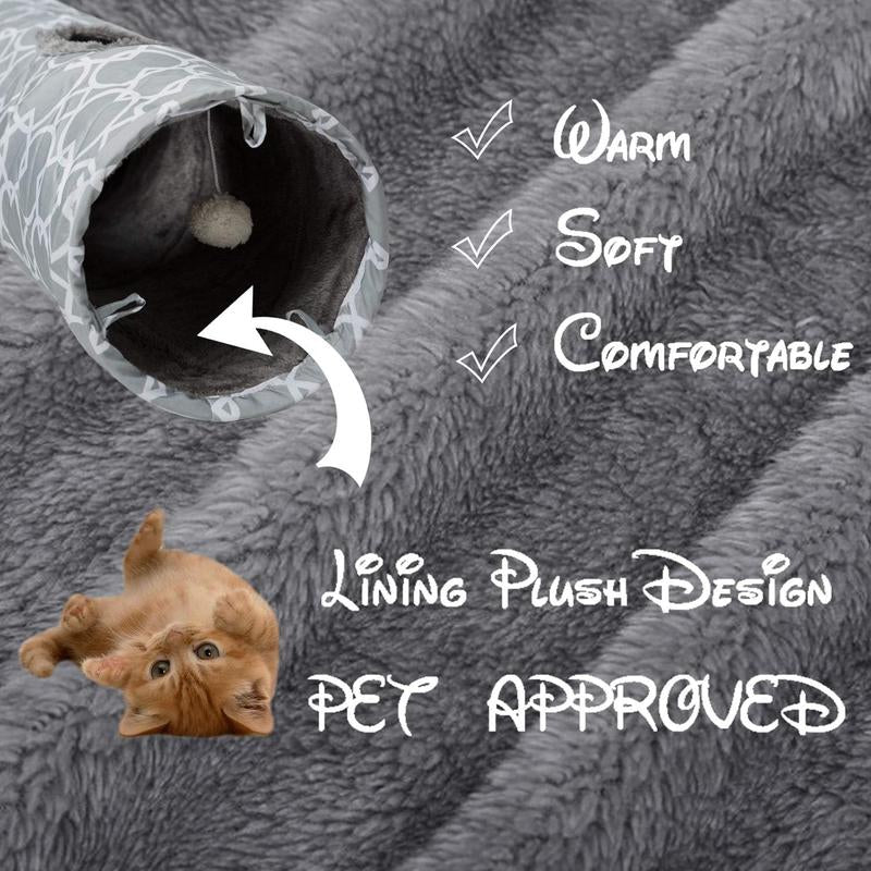 Geometric Straight Cat Tunnel with Plush Inside,Cats Toys Collapsible Tunnel Tube with Balls, for Rabbits, Kittens, Ferrets,Puppy and Dogs,Diameter 11.8 Inch