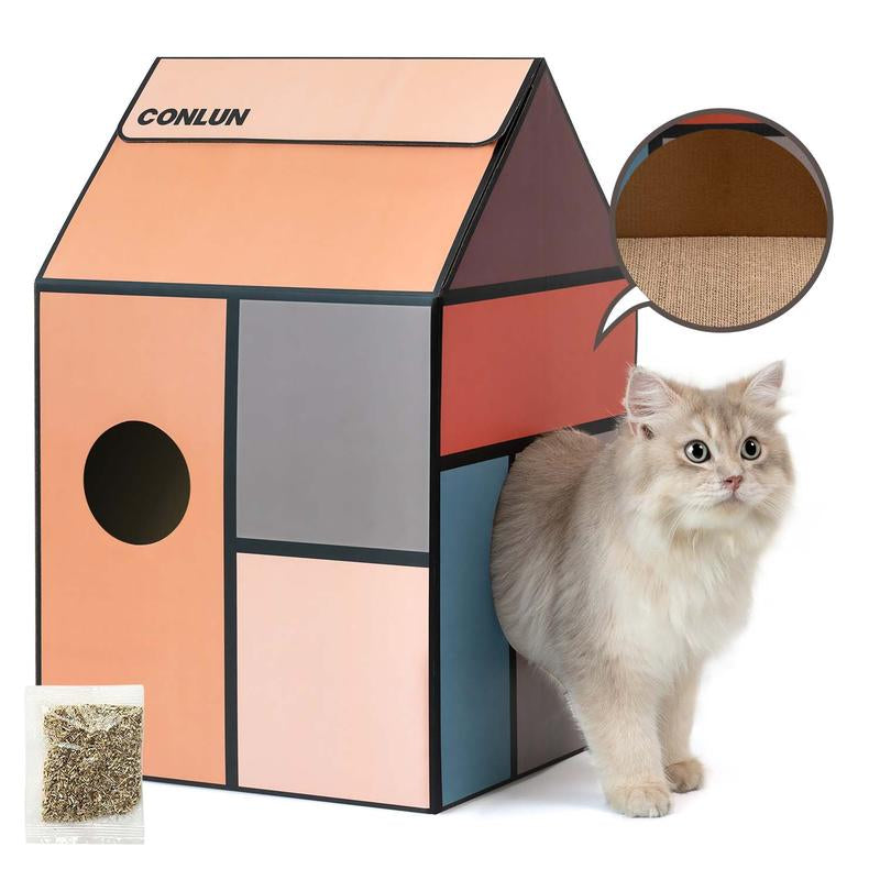 Conlun Cardboard Cat House with Cat Scratch Pad, Catnip, Easy-To-Assemble Cat Scratcher for Indoor Cats & Small Animals #Springtok Pet Supplies Home Natural